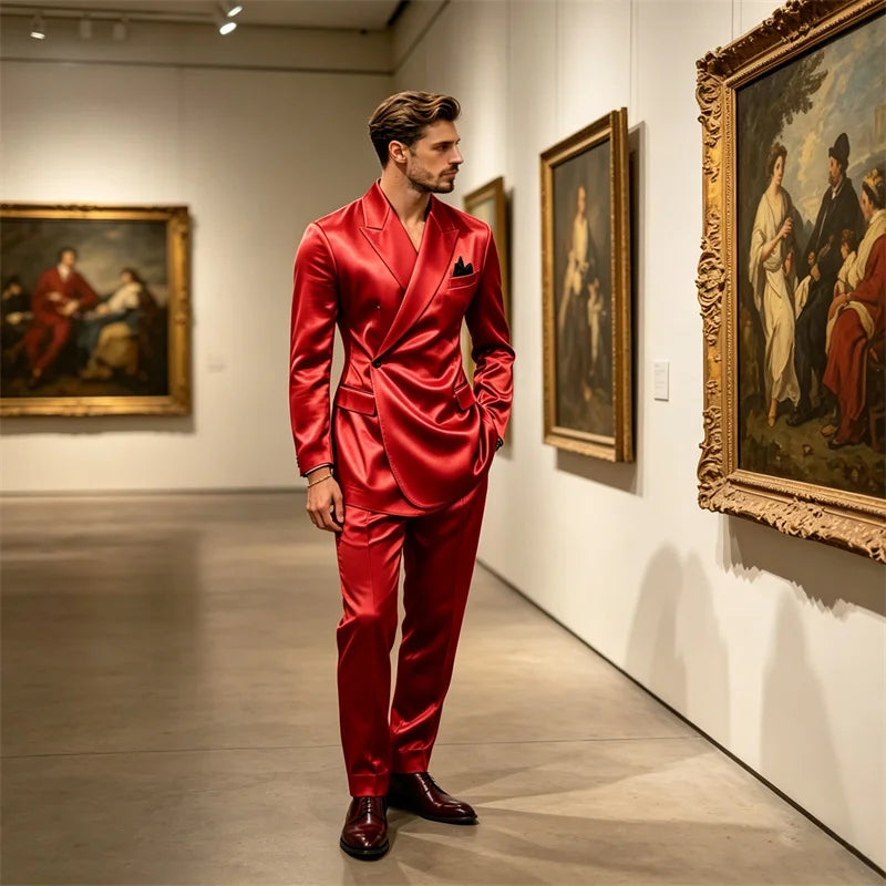 Men's 2 Piece Satin Suit Asymmetrical Wrap Peak Lapel Suit One Button Slim Fit Blazer Pants Wedding Formal Evening Luxury Outfit