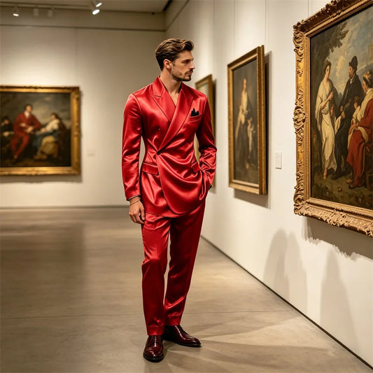 Men's 2 Piece Satin Suit Asymmetrical Wrap Peak Lapel Suit One Button Slim Fit Blazer Pants Wedding Formal Evening Luxury Outfit