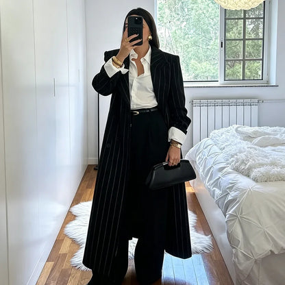 Stylish Women Black Striped Suit Double Breasted Oversized Long Jacket+Pants 2 Pieces Set Formal Party Female Power Outerwears