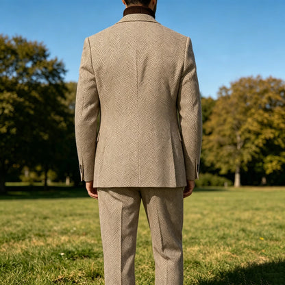 Men's Herringbone Suit 2-Piece Set – Double Breasted Blazer & Trousers for Wedding & Business