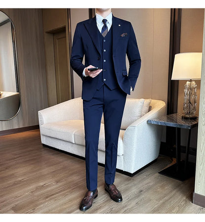 (Blazer + Vest + Trousers) 2024 New Men Formal Business Solid Suit 3 Pieces Set Italian Style Luxury Wedding Social Party Tuxedo
