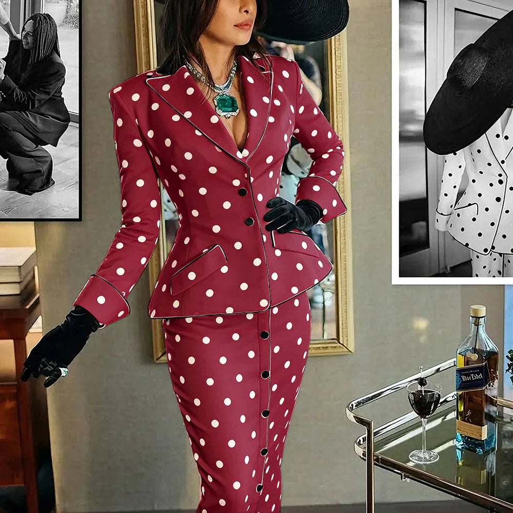 Elegant Polka Dot Woman Clothes Professional Two Piece (Jacket+Skirt) Set for Retro Formal Party Cocktail Evening Streetwear