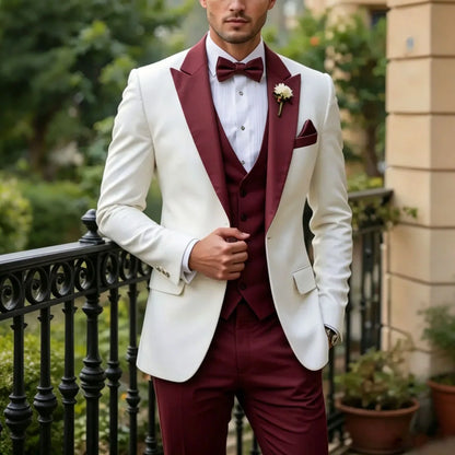 Men Suit Cream 3 Pieces Single Button With Lapel For Wedding Birthday Banquet Party Business Work Office Jacket Vest Pants