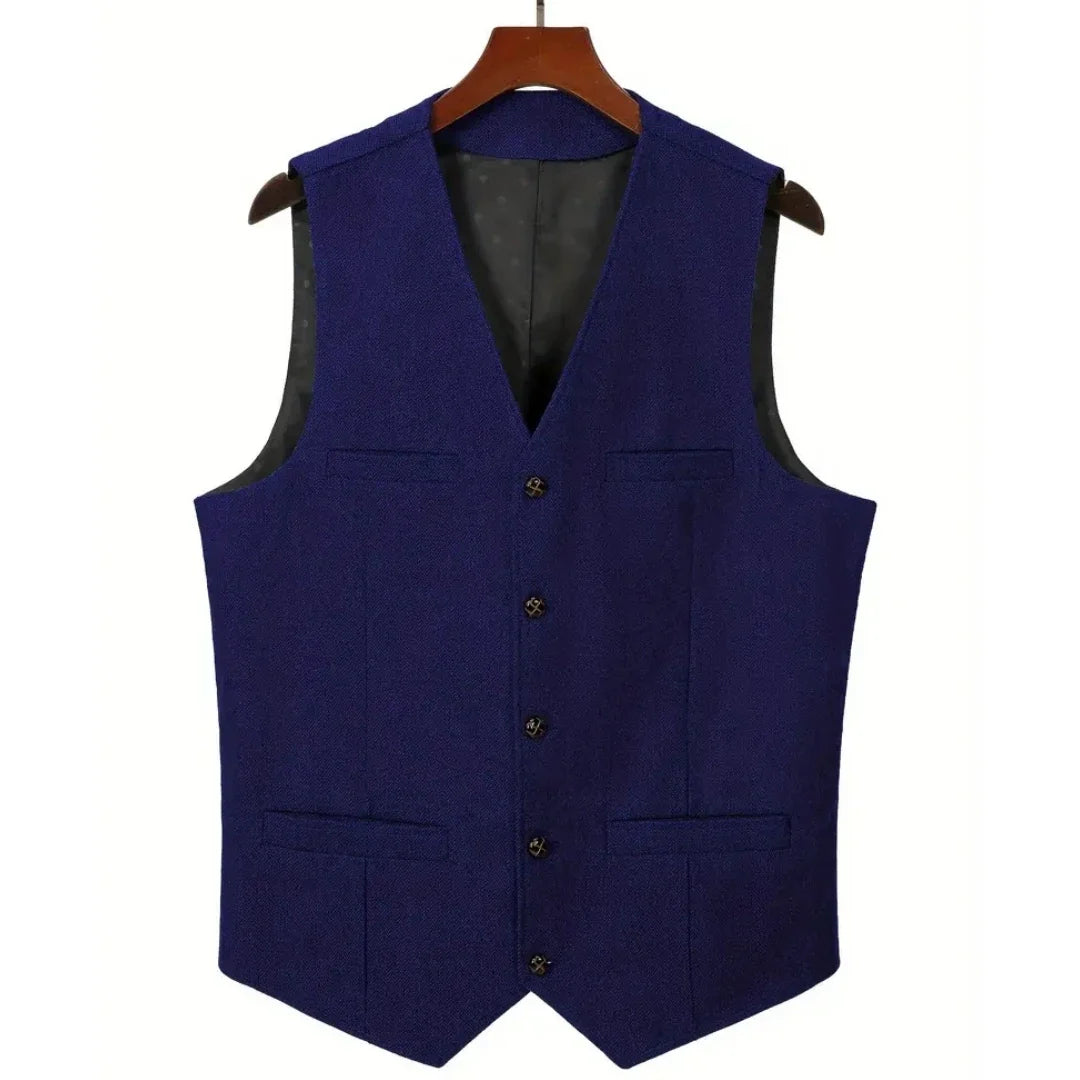 Men's Herringbone Suit Vest – V-Neck Single Button Waistcoat for Weddings, Business & Smart Casual Wear
