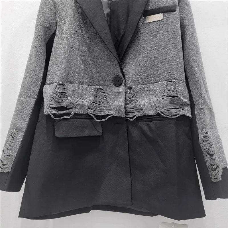 2025 Autumn New Women Blazer Notcged Collar Single Button Distressed Knitted Patchwork Color Block Tide Chic Jacket HK13269