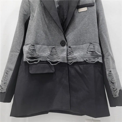 2025 Autumn New Women Blazer Notcged Collar Single Button Distressed Knitted Patchwork Color Block Tide Chic Jacket HK13269