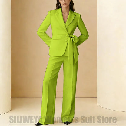 Women's Suit 2 Piece Bow Belt Design Formal Outfit for Wedding Party Prom Office Fashion Peak Lapel Daily Casual Lady Suits