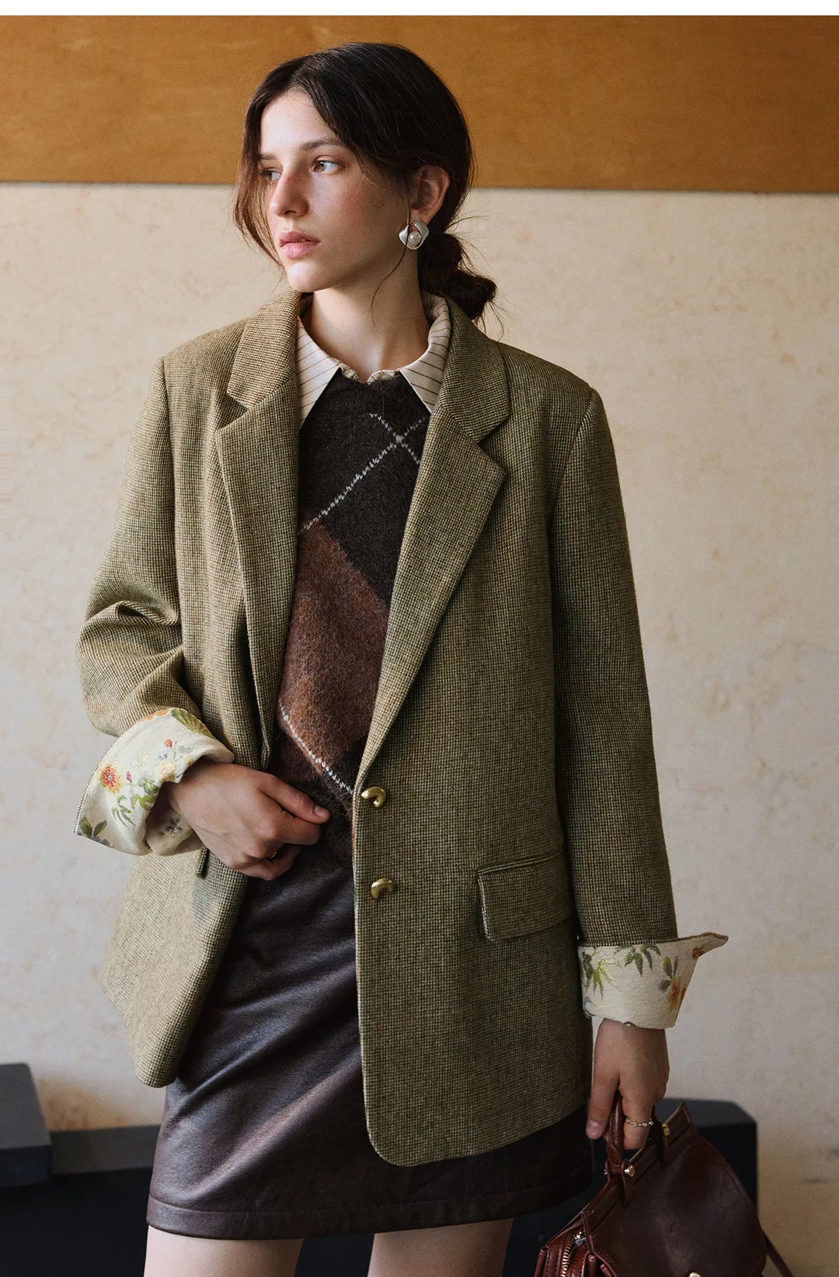 Women's Blazer Floral Spliced Jacquard Cuff Blazers Spring 2026 Old Money Style Oversize Long Wool Coats GO57DN002081