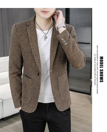 2025 Autumn Men's Casual Suit Jacket Fashion Slim Fit Striped Blazers Streetwear Social Business Versatile Formal Dress Coats