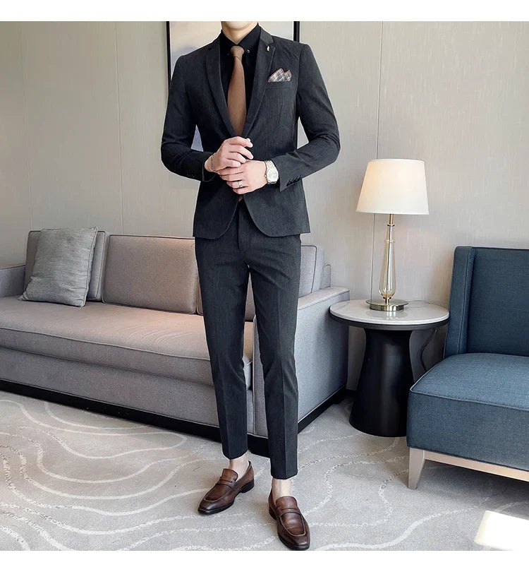 7XL 6XL(Jacket+Pant）Fashion Striped Men Slim Fit Suit Groom Wedding Tuxedo Formal Business Party Slim Fit Social Stage Costume