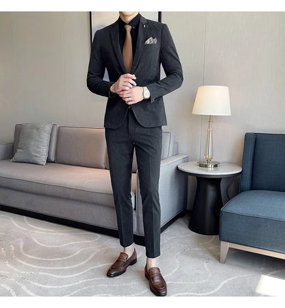 7XL 6XL(Jacket+Pant）Fashion Striped Men Slim Fit Suit Groom Wedding Tuxedo Formal Business Party Slim Fit Social Stage Costume