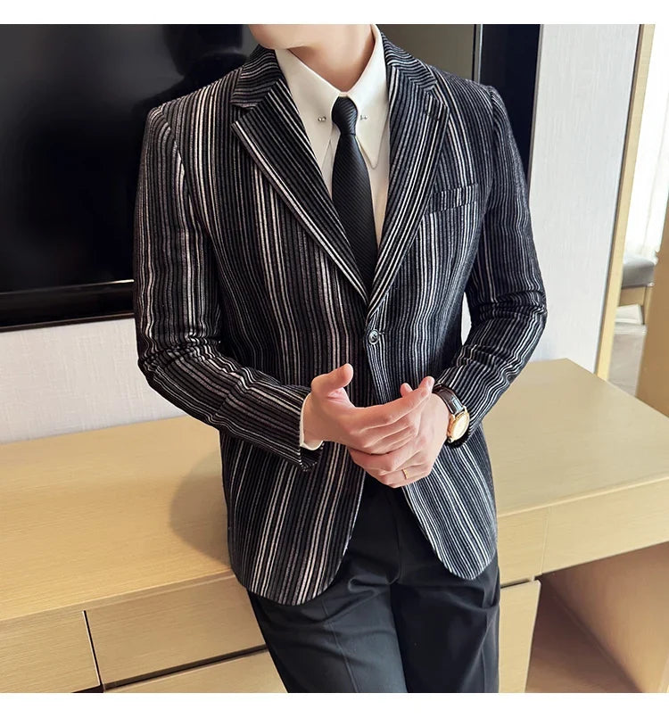 High Quality Plush Striped Fashion casual Suit Jacket Autumn Winter New Men Slim Fit Business Formal Social Prom Party Tuxedos