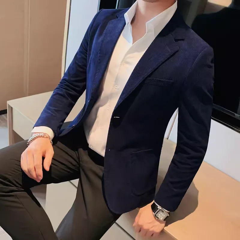 Men's Slim Fit Striped Corduroy Blazer – Smart Casual Single Breasted Suit Jacket
