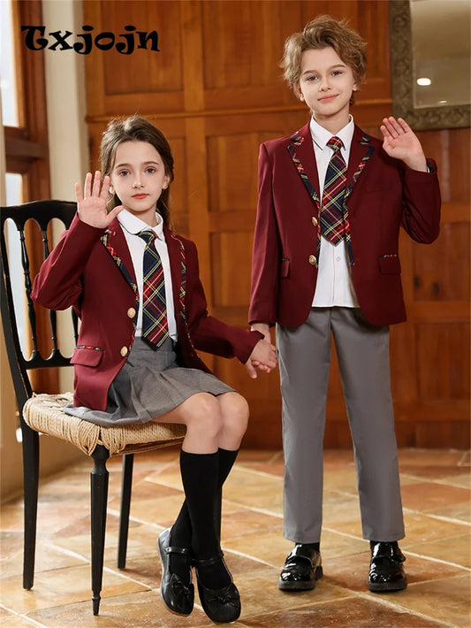 Burgundy Exquisite School Uniform 4 Pieces For Girls And Boys Daily Life Comfortable Kids Performance Suit Set On Sale