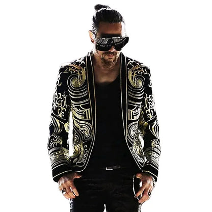 Male Gothic Style Mens Embroidery Velvet Court Blazers Cardigan Slim Fit Suit Jacket Bar Stage Singer Performance Tuxedo Costume