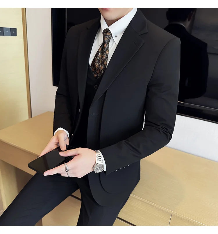 British Style Fake Two-piece Suit Set Men's Wedding Groom Dress 3 Piece Set Suit Vest Trousers Slim Office Business Casual Suits