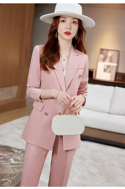 2025 Button Decoration Formal Jacket Blazer and Trouser 2 Piece Set Fashion Pink Green Black Ladies Work Wear Pant Suit Women