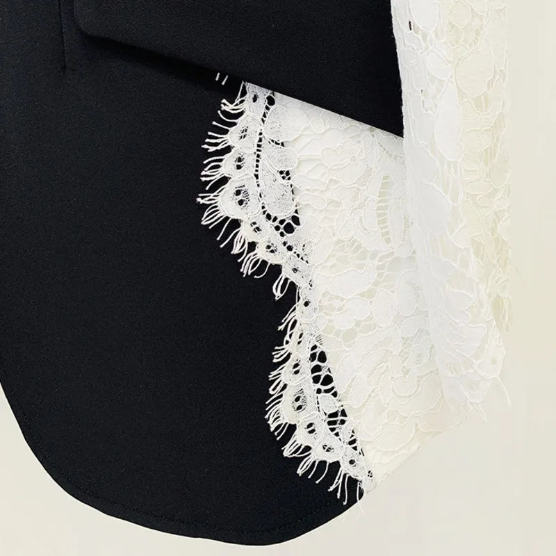 Autumn New Women Tide Chic Elegant Fashion Single Button Patchwork Lace Contrast Color Waist Cinching Pocket Blazer  HK7609
