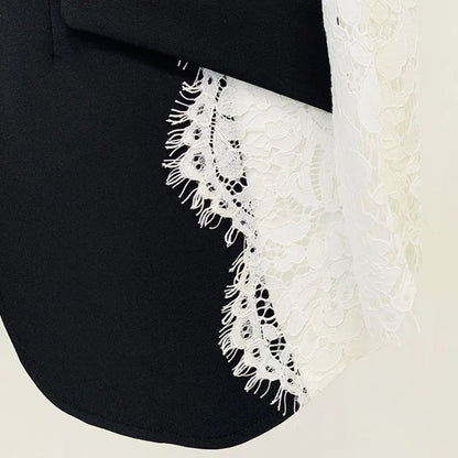 Autumn New Women Tide Chic Elegant Fashion Single Button Patchwork Lace Contrast Color Waist Cinching Pocket Blazer  HK7609