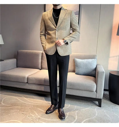Men's Smart Casual Blazer – Vintage Coin Check Pattern – Brown & White Grey – Shopping & Office Wear