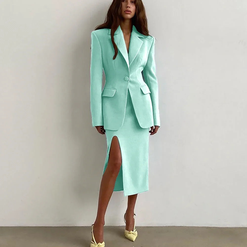 Professional Women's Single Button Notch Lapel Blazer Suit Side Slit Midi Skirt Set Elegant Party Office Fashion 2Piece Outfit