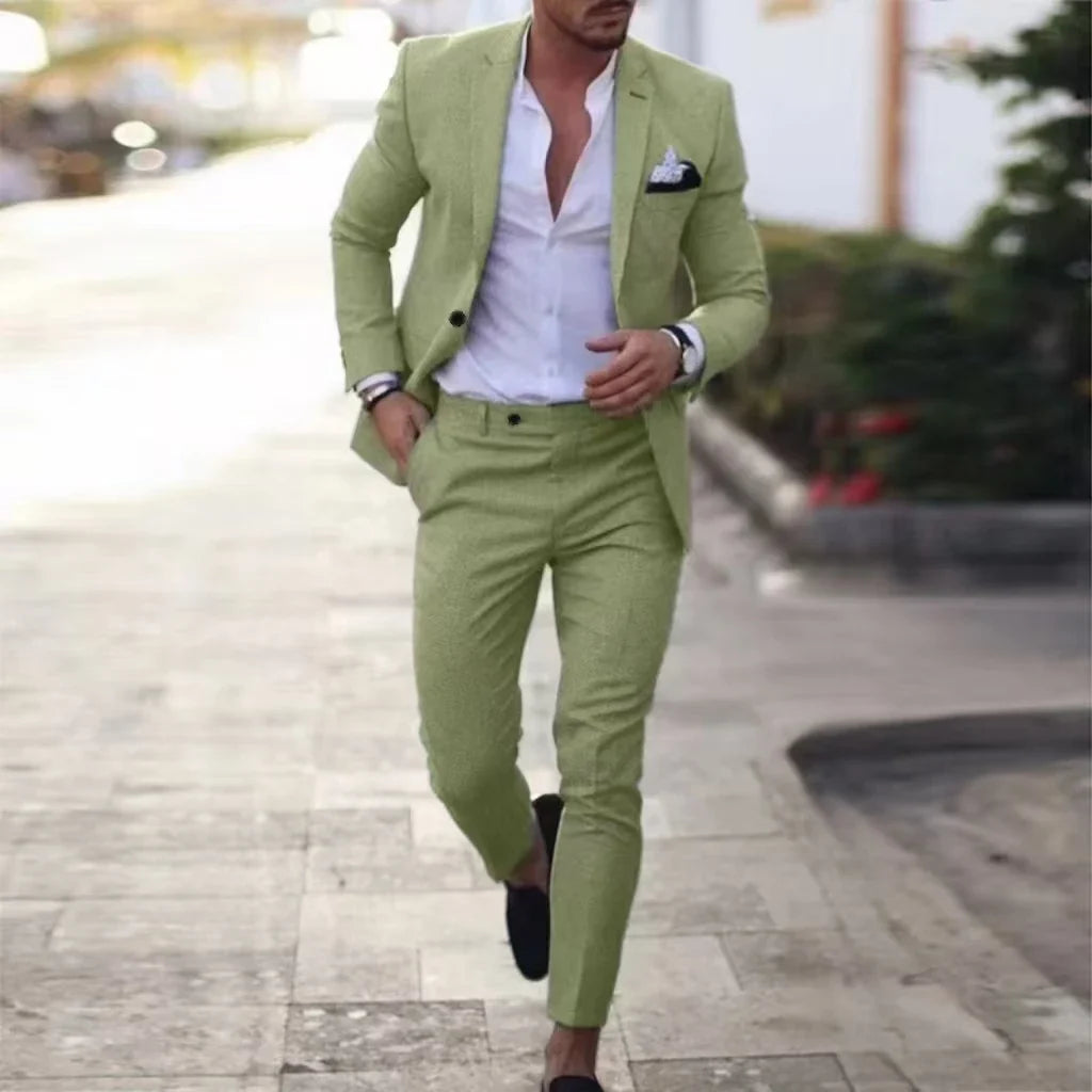 Costume en Lin Homme Robes de Soirée Élégantes Revers Cranté un Bouton Blazer Ajusté Fête de Mariage Plage d'Été Banquet