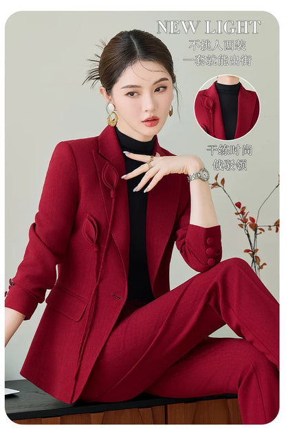 High End Khaki Elegant Fashion Two Piece Set Fashion Women Slim Single Button Blazer And Flare Pant Office Lady Work Wear