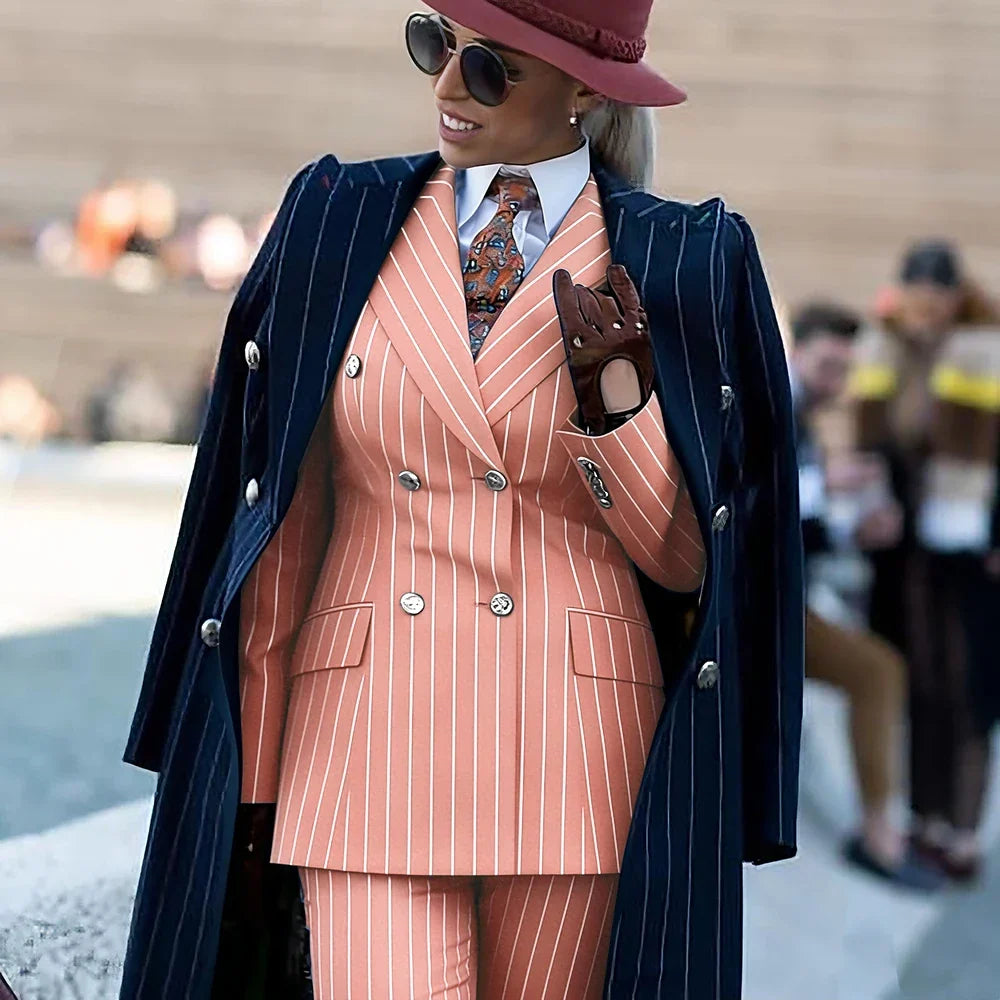 Formal Women's Burgundy Pinstripe Suit with Navy Blue Striped Coat Double Breasted 3Piece Set Elegant Evening Party Outerwears