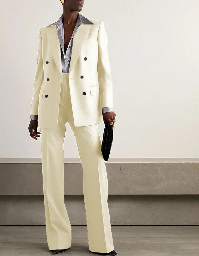 Fashion Grey Double Breasted Women Pants Set High-end Female Two Pieces(Jacket+Trousers)أطقم بناطيل