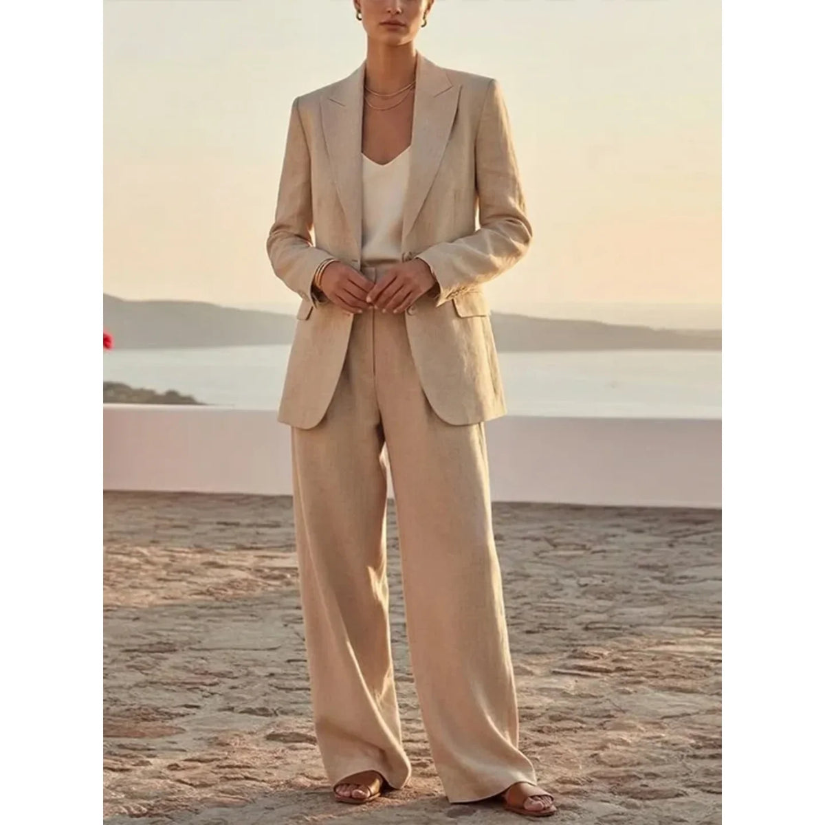 Beige Linen Blend Women's 2 Piece Pants Suit Casual Formal Business Office Wear Modest Blazer Wide Leg Trousers Set Customized