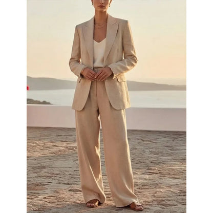 Beige Linen Blend Women's 2 Piece Pants Suit Casual Formal Business Office Wear Modest Blazer Wide Leg Trousers Set Customized