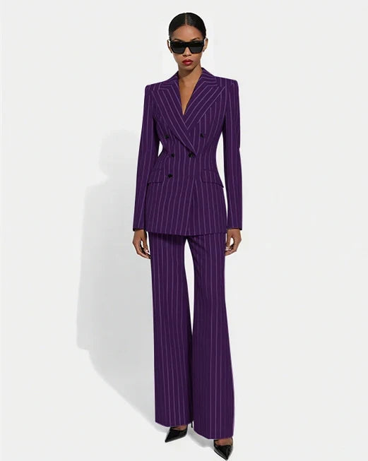 Black Stripe Double Breasted Women Blazer Sets Fashion Slim Pants Suits Custom Made Clothing