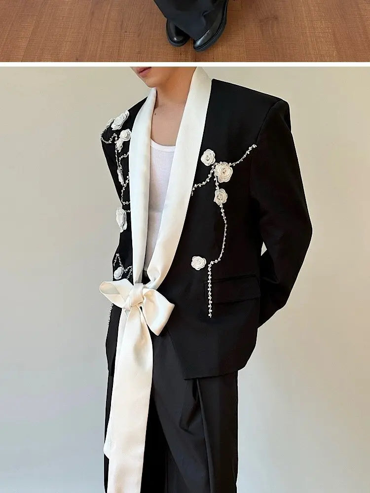 2026 Spring New Fashion Elegant Temperament Ribbon Decorate Blazer Coat Men's Handsome Luxury Casual Male Clothes JY5386