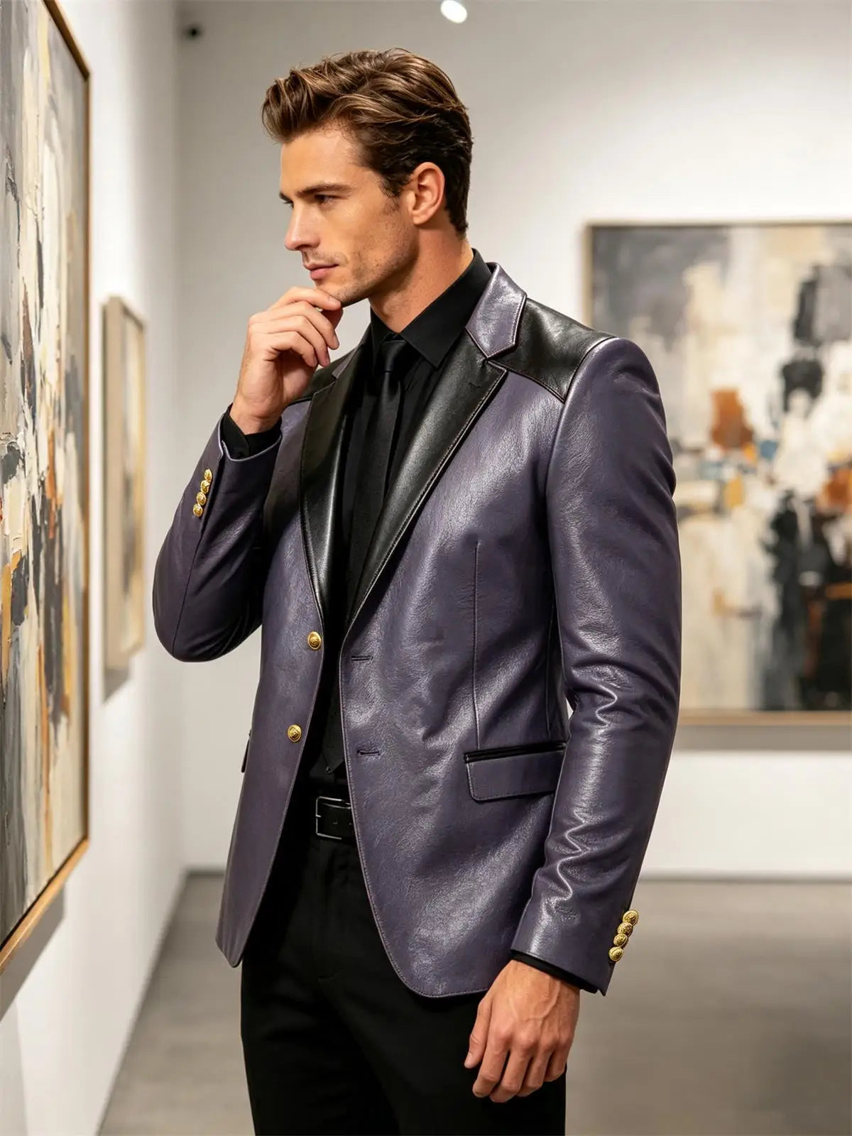 PU Leather Men's Suit Blazer Patchwork Style Wedding Groom Tuxedo Formal Office Prom Jacket High Quality Business Casual Coat