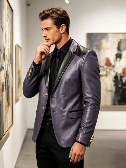 PU Leather Men's Suit Blazer Patchwork Style Wedding Groom Tuxedo Formal Office Prom Jacket High Quality Business Casual Coat