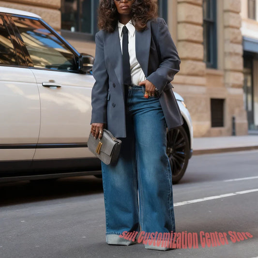 New Women's Oversized Jackets Casual Loose Fit Suit Set Peaked Lapel Double Breasted Blazer+Jeans Traf Office Streetwear
