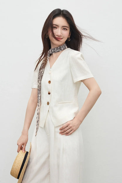 Commute V-Neck Short Sleeve Blazer Top Women 2026 Summer Fashion Color Block Wooden Button Slim Fit Jacket Q62XC7391