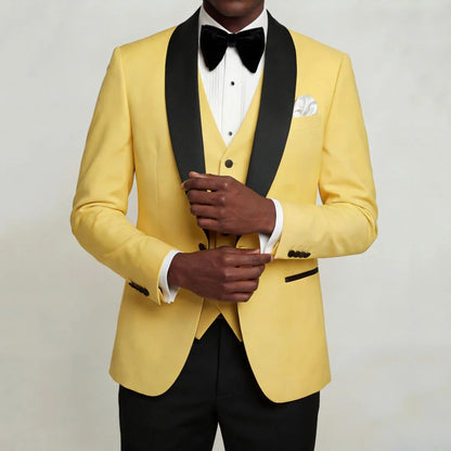 Men Suit 3 Pieces Beige With Black Lapel Slim For Wedding Groom Business Party Prom Banquet Work Office Jacket Vest And Pants