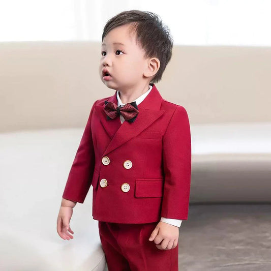 Fashion Boy Infant Suits Solid Color Peak Lapel Double Breasted Wear Wedding Tuxedo 2 Piece Casual Customized Kids Clothes