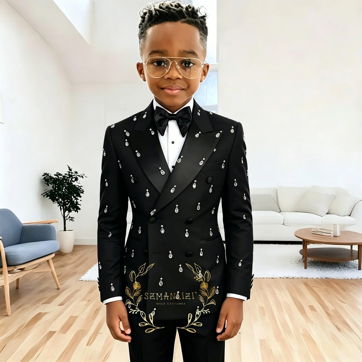 Boy's Suits 2 Pieces Black Beads Crystals Slim Fit Double Breasted Boy's Outfit Wedding Party Flower Children Sets（Blazer+Pants)
