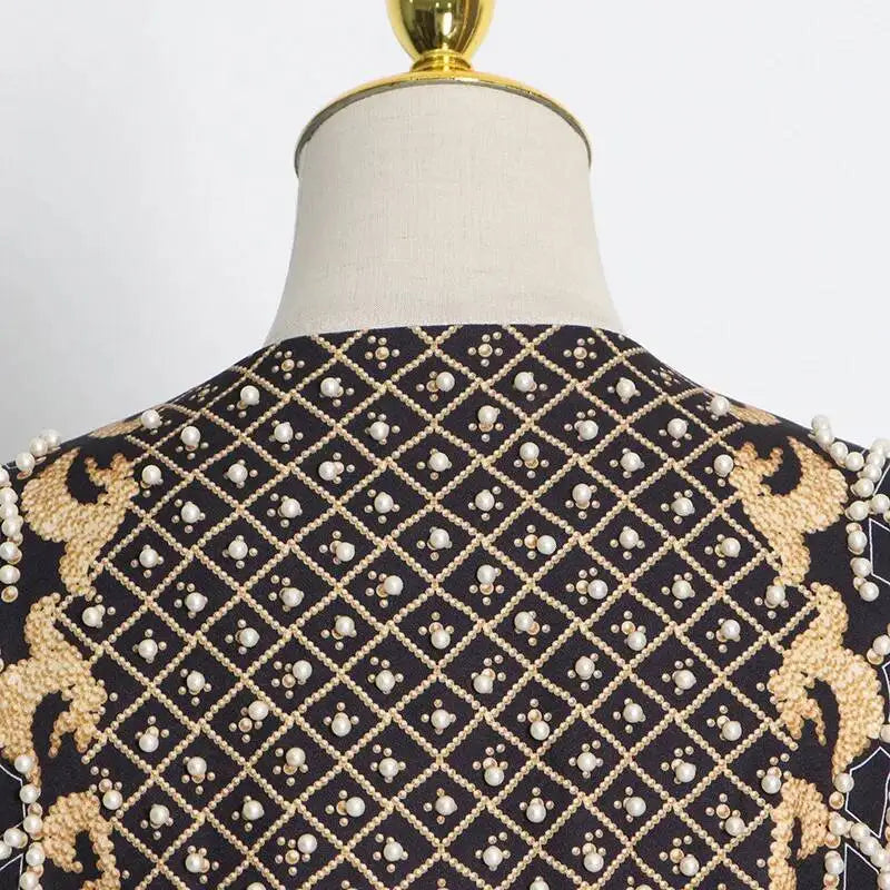 Autumn New Women's Elegant Fashion Luxury Heavy Craft Beaded Printed Coat Stylish V-neck Long Sleeve High-end Blazer HK8297