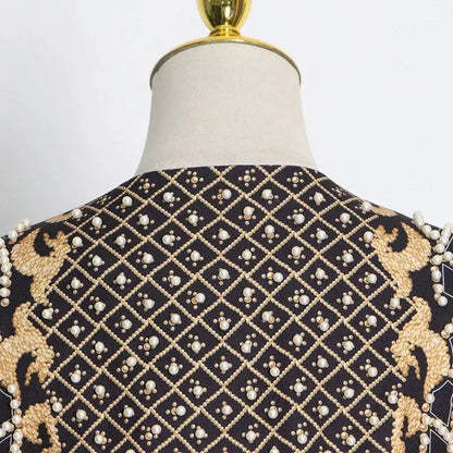 Autumn New Women's Elegant Fashion Luxury Heavy Craft Beaded Printed Coat Stylish V-neck Long Sleeve High-end Blazer HK8297