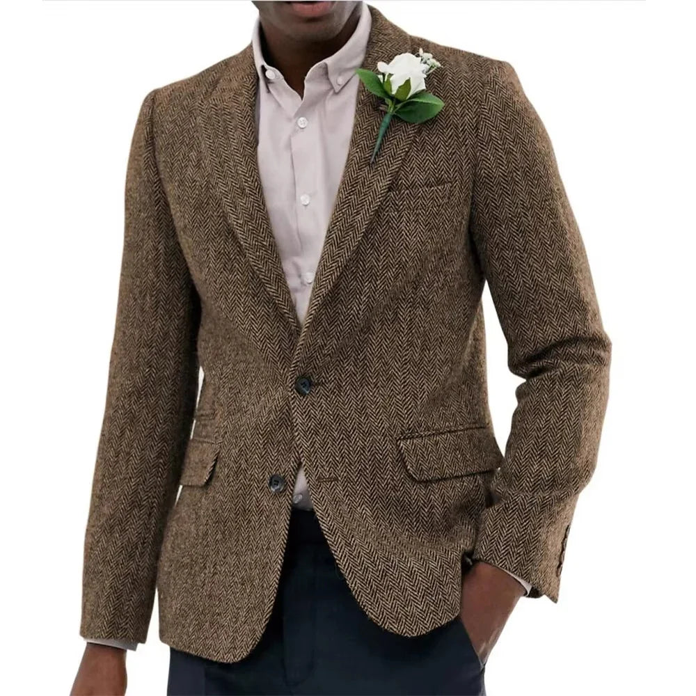 Classic Brown Herringbone Business Men Suits Jacket 1 Piece Groom Wedding  Casual Slim Fit Party Costume Homme Blazer