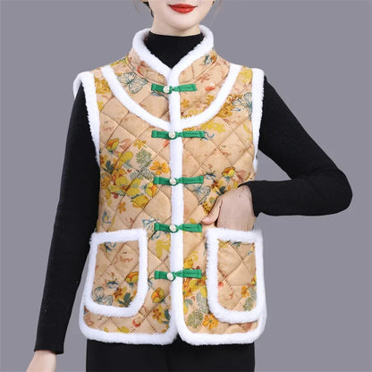 Middle-aged Mother Add Velvet Warm Vest Coat Autumn Winter New Printed Fleece Sleeveless Jacket Grandma Thicken Warm Waistcoat