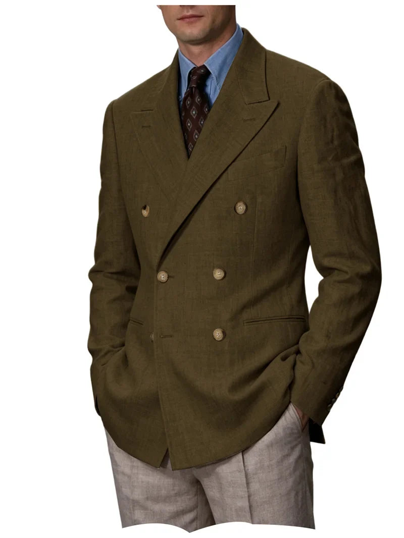 Men Linen Blazer Double Breasted Jacket Lightweight Soft Slim Coat For Business Wedding Casual Daily Party Vacation Dating