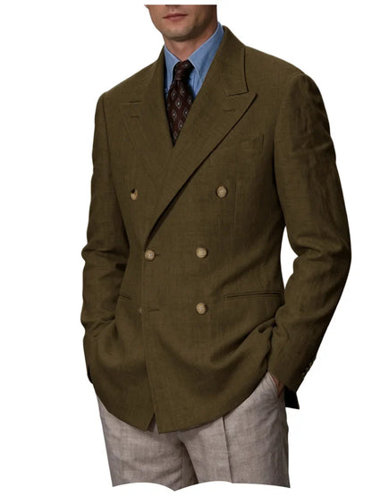 Men Linen Blazer Double Breasted Jacket Lightweight Soft Slim Coat For Business Wedding Casual Daily Party Vacation Dating