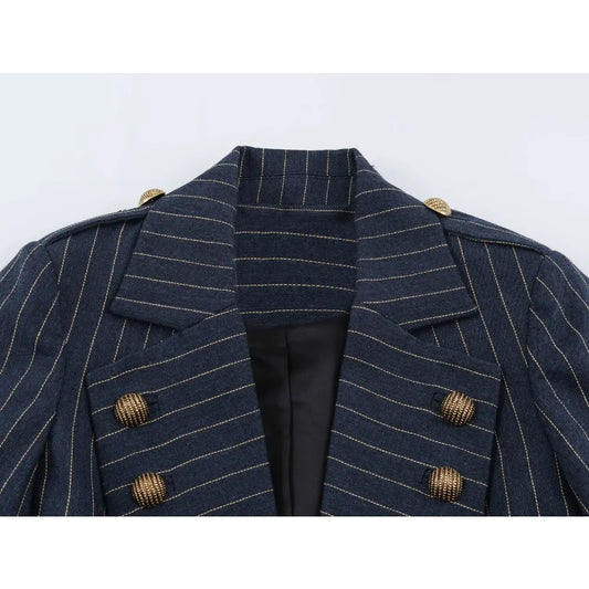 Elegant Fashion Women's Pinstripe Blazer New in Autumn Blazer with Embossed Button Long Sleeves Women Blazer with Asymmetric Hem