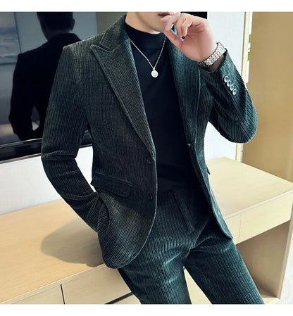 ( Jacket+Pants) Men Corduroy Suit Two-Piece Set High Quality Italian Style Business Suit Luxury Men Formal Wedding Groom Tuxedos