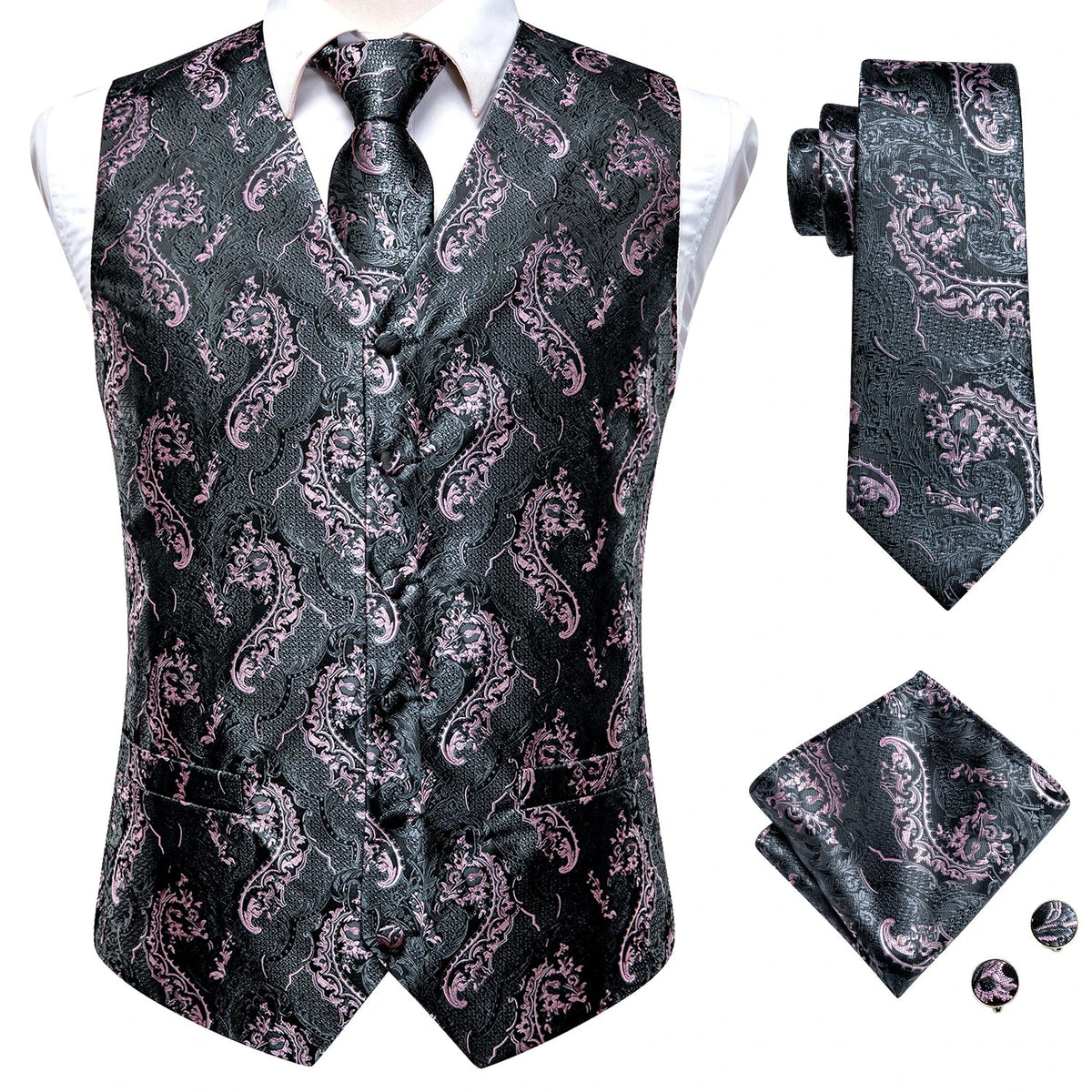 Men's Suit Vest 4-Piece Set | Woven Paisley Waistcoat with Tie, Pocket Square & Cufflinks | Wedding & Business Formal