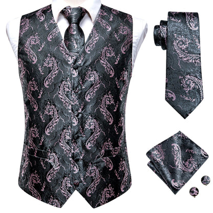 Men's Suit Vest 4-Piece Set | Woven Paisley Waistcoat with Tie, Pocket Square & Cufflinks | Wedding & Business Formal